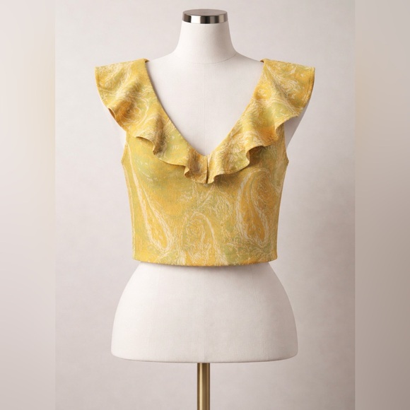 ZARA Rare Yellow Green Paisley Ruffle Crop Top Size L NWT Sleeveless Boho Chic - Picture 4 of 9